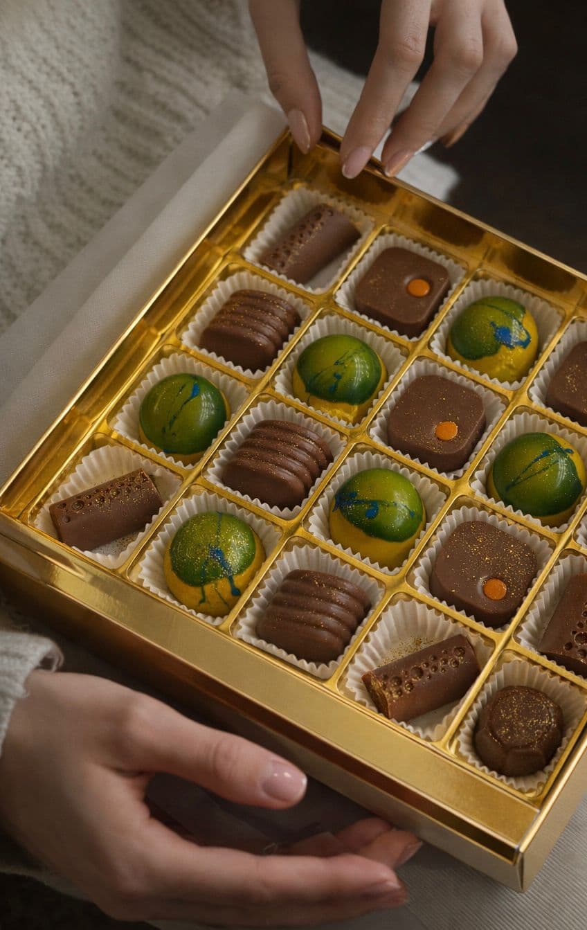 Hands opening a Benne Dolci praline gift box